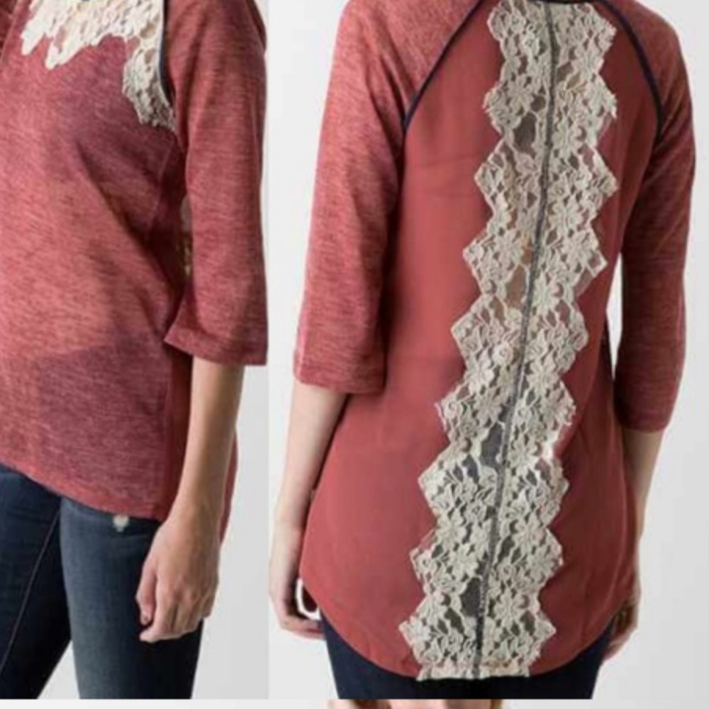 Gimmicks Maroon Lace Detailed Sheer Back Top